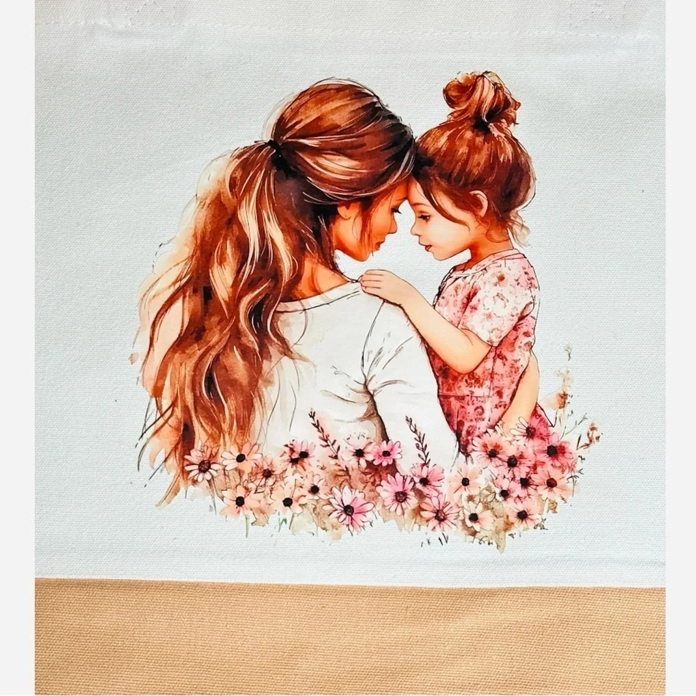Large Canvas Tote Bag with Mother & Daughter Art | Hand Pressed | 17”x14”